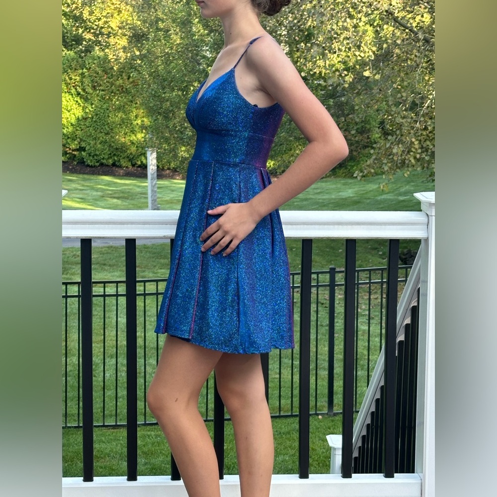 B Darlin Sparkly Blue Juniors' Glitter-Knit Skater Party Dress - Picture 6 of 7